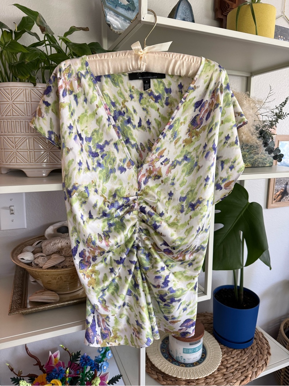 White House Black Market Cream Blouse with Green & Purple Watercolor Print